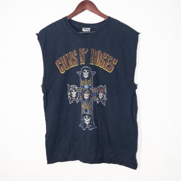 Guns N’ Roses Men’s Cutoff Tee Grunge 80s Rock Muscle Shirt Skull Cross Print L - Picture 1 of 4